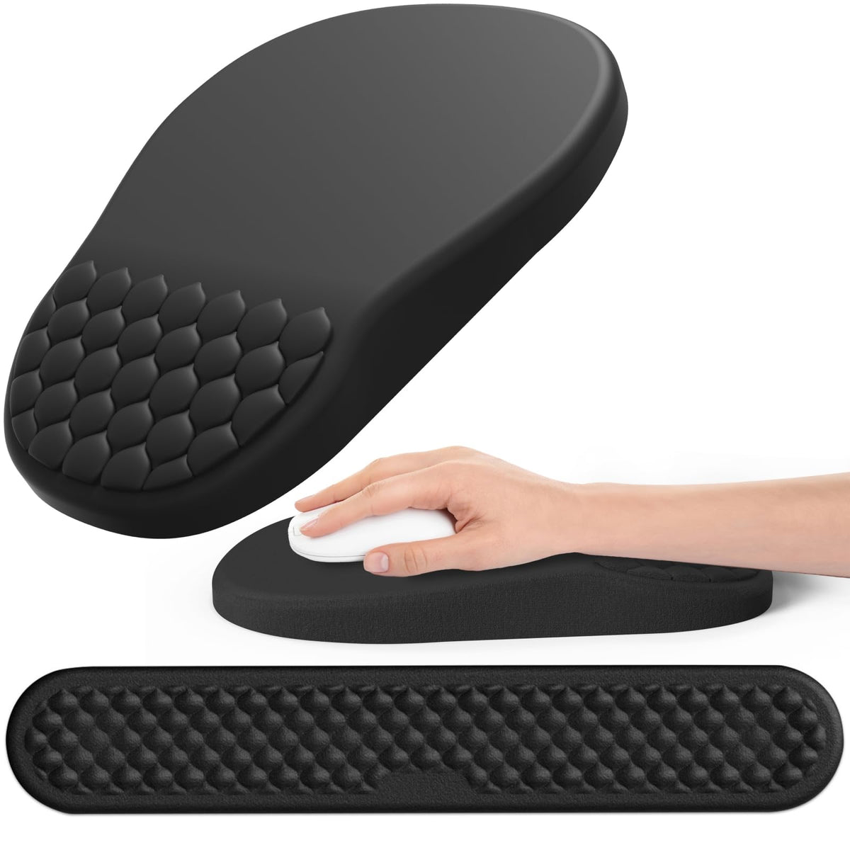 Hasinart Ergonomic Mouse Pad and Keyboard Wrist Rest with Massage Design, Space-Saving Mouse Pad Wrist Support, Memory Foam Wrist Rest with Non-Slip PU Base for Computer Desk, Black