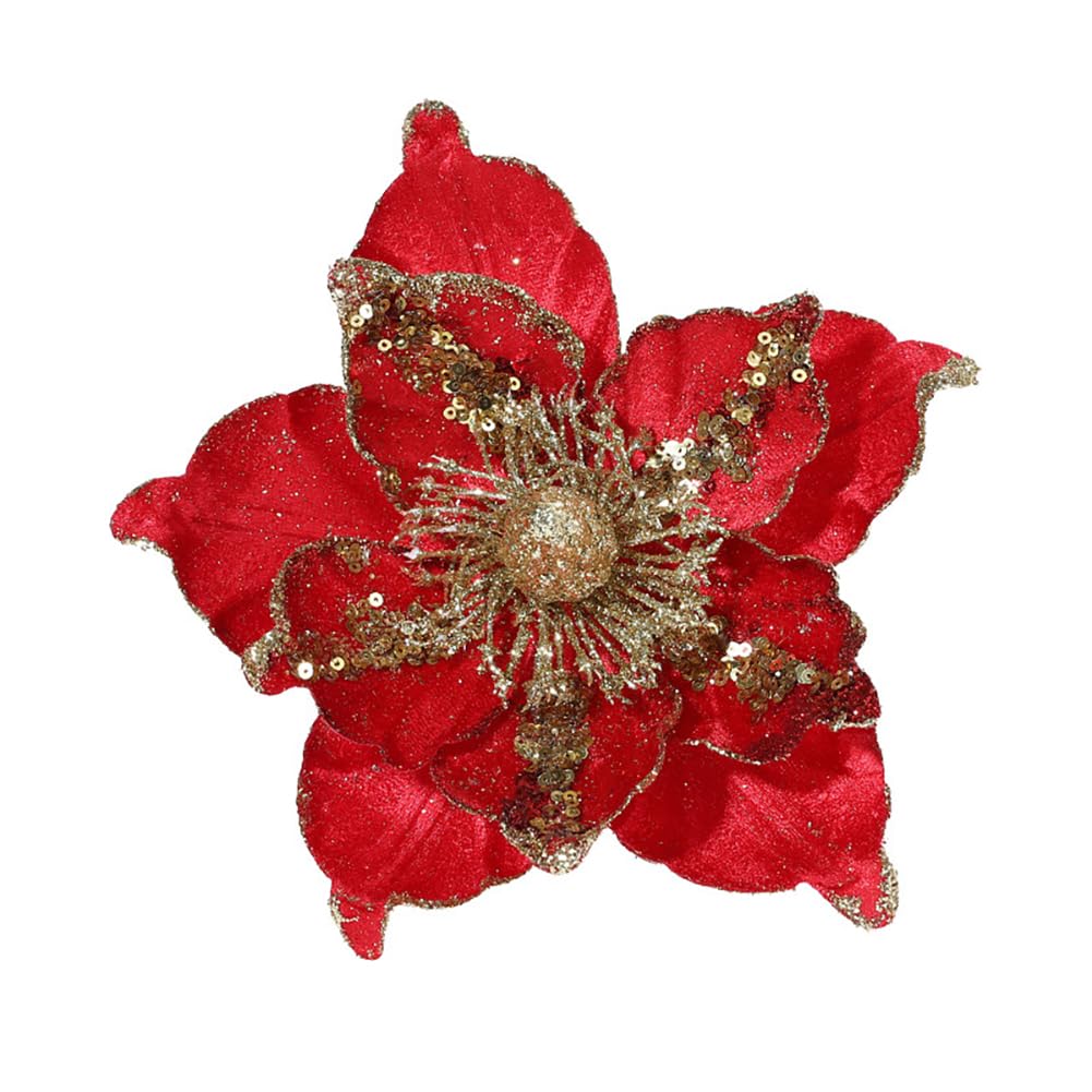 vctops 6 Pcs Poinsettia Artificial Flowers Christmas Tree Ornaments Velvet Glitter Magnolia Flowers for Xmas New Year Party Wedding Holiday DIY Decorations, Red