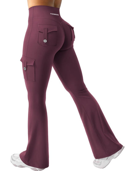 YEOREO CoreFlex Women Workout Flare Leggings with Pockets Hidden Scrunch High Waisted Cargo Gym Yoga Leggings Dark Cherry XS