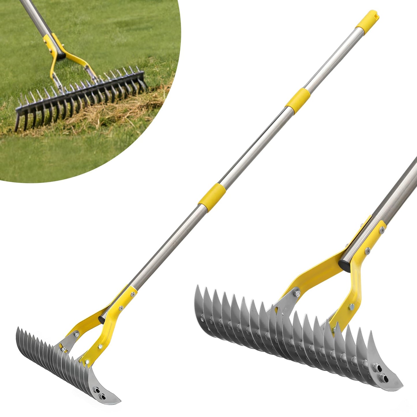 Thatch Rake, 15-Inch Wide Manual Dethatcher Rake for Cleaning Dead Grass, Loosening Soil, Efficient Stainless Steel Dethatching Rake with Long Adjustable Handle, Thatch Rakes for Lawns, Yard, Garden