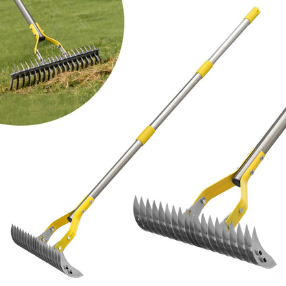 Thatch Rake, 15-Inch Wide Manual Dethatcher Rake for Cleaning Dead Grass, Loosening Soil, Efficient Stainless Steel Dethatching Rake with Long Adjustable Handle, Thatch Rakes for Lawns, Yard, Garden