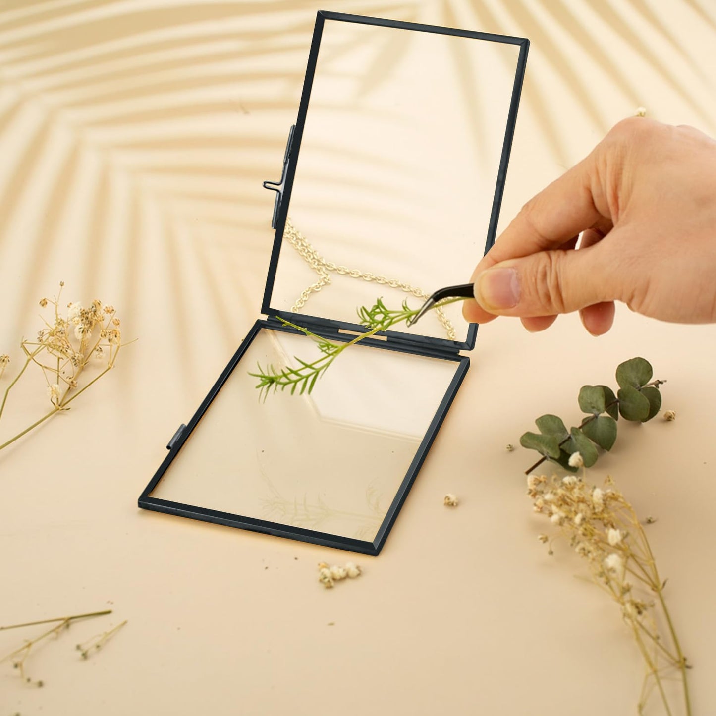 FOCHIER F 5 Pcs Pressed Flower Frames with Tweezers, Wall Hanging Tabletop Display Double Glass Frames with Metal Chain for Pressed Dried Flowers Plants, Horizontal and Vertical Picture Frame, Black