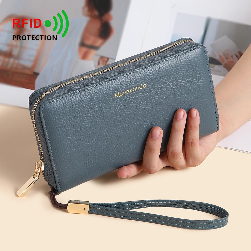 Fashionable long RFID leather women's wallet, large capacity multi slot phone case, zipper closure, detachable wrist strap, hand-held wallet (Light Blue)