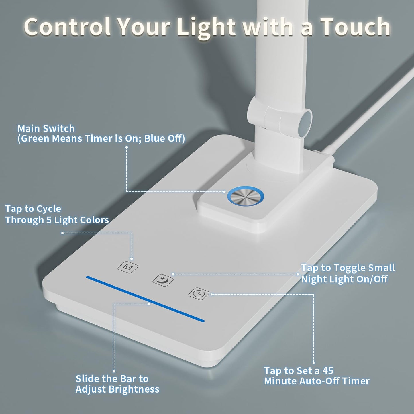 ELECTRI LED Desk Lamp, Touch Desk Light with USB Port, 5 Color & Stepless Dimming, 360° Rotatable ＆ Foldable, Reading Lamp for Table Study Work Office Nail Craft Puzzle(with Adapter) (White)