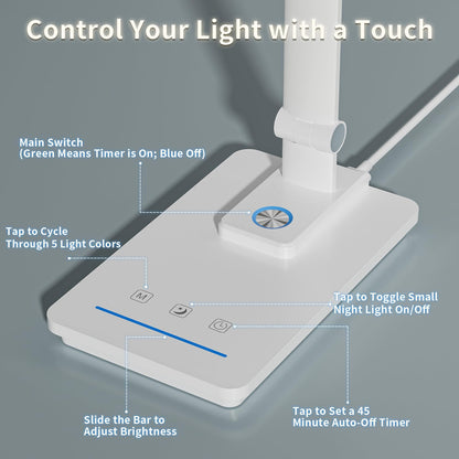 ELECTRI LED Desk Lamp, Touch Desk Light with USB Port, 5 Color & Stepless Dimming, 360° Rotatable ＆ Foldable, Reading Lamp for Table Study Work Office Nail Craft Puzzle(with Adapter) (White)