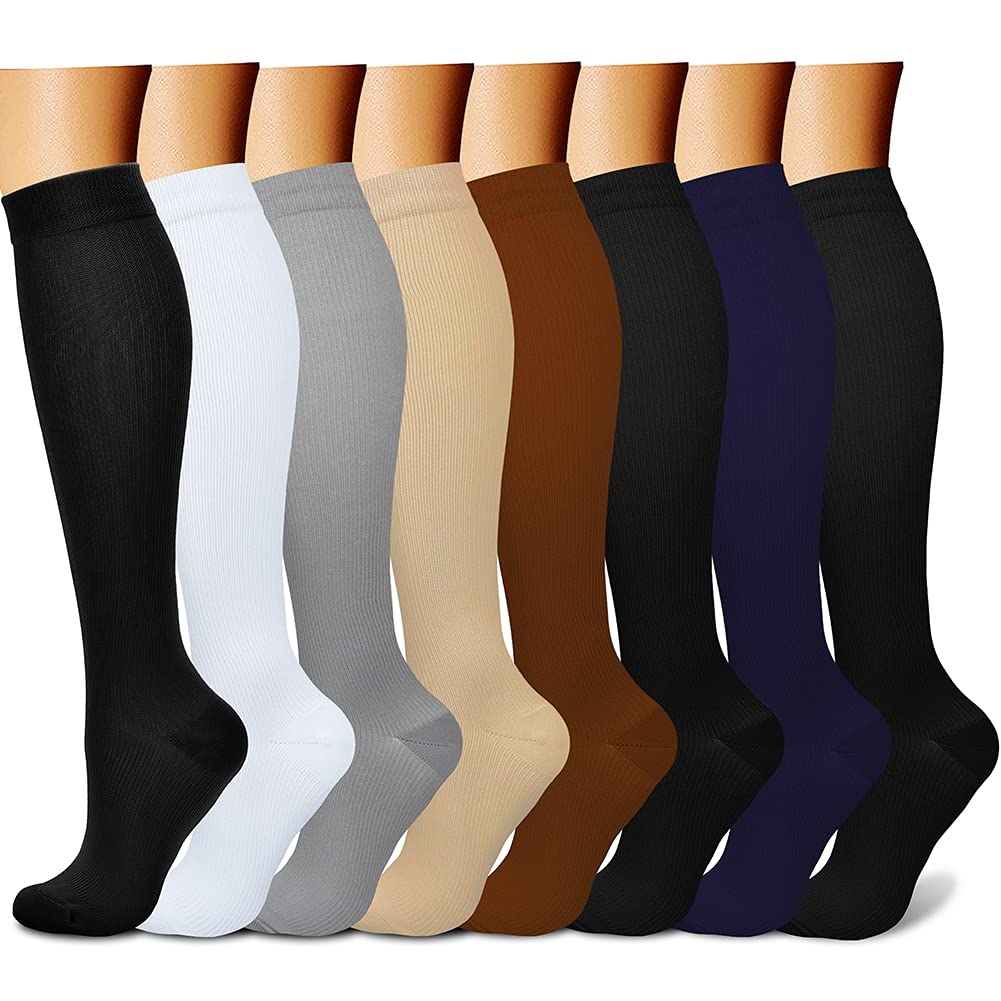 CHARMKING Compression Socks for Women & Men (8 Pairs) 15-20 mmHg Graduated Copper Support Calf Socks are Best for Pregnant, Nurses - Boost Performance, Circulation, Knee High Wide Calf(L/XL, Multi 01)