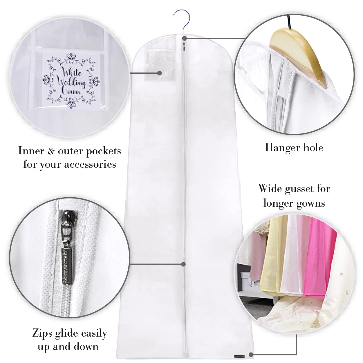 HANGERWORLD 72inch Breathable Wedding Gown Long Dress Hanging Garment Bag for Closet Storage (White)
