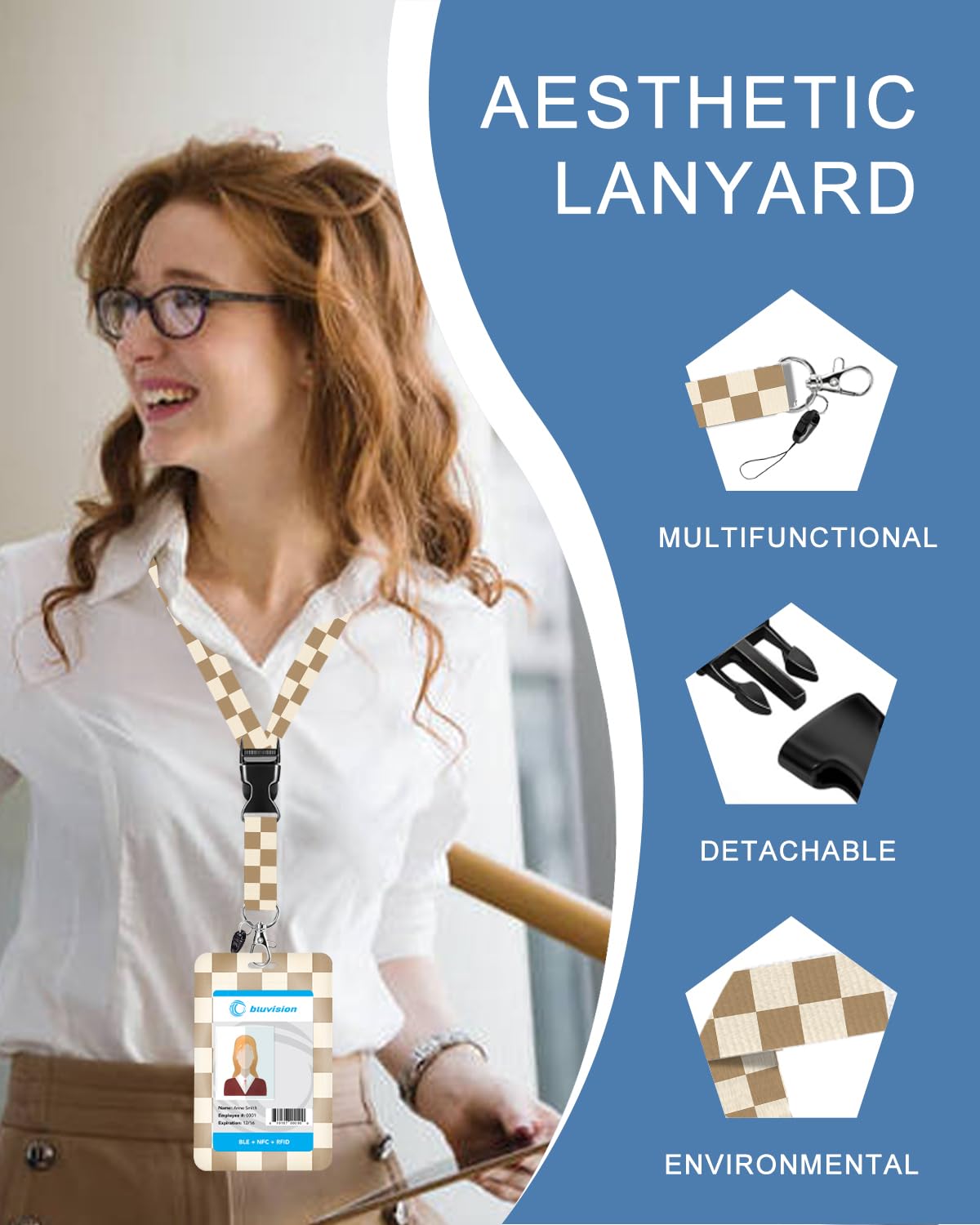 ID Badge Holder with Lanyard and Retractable Clip, Breakaway Lanyard for Name Badge Holder for Teacher Nurse Doctor School Student Office Gifts, Fashon Checkered Brown