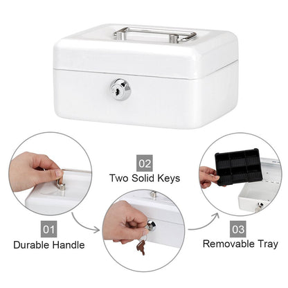 Decaller Small Cash Box with Key Lock, Double Layer Metal Money Box for Home Security, Portable Locking Box, 5.9" x 4.7" x 3.2", White