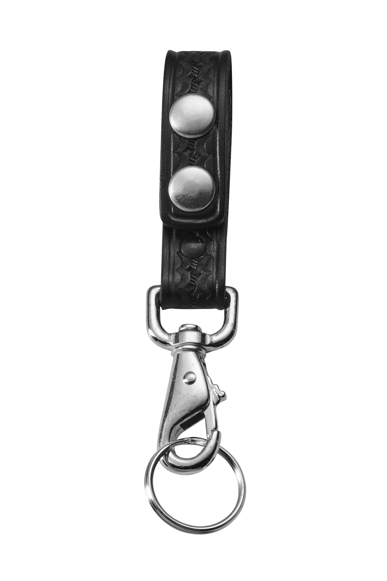 JAY-PEE Leather Basketweave Key Strap Keeper for Duty Belt - Key Ring Holder With Double Snap Loop Keychain Lanyard and Chrome Hardware