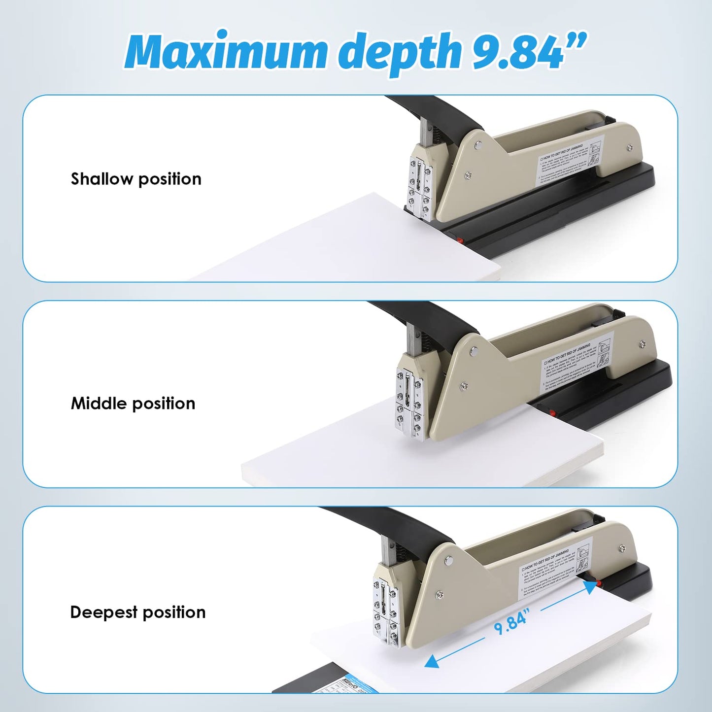 Frifreego Long Reach Stapler, Heavy Duty Long Arm Stapler, 200 Sheets Capacity, 4000 Staples Gift, 9.84” Adjustable Stapling Depth Suitable for Booklets & Office Document, Fixable Paper Guide