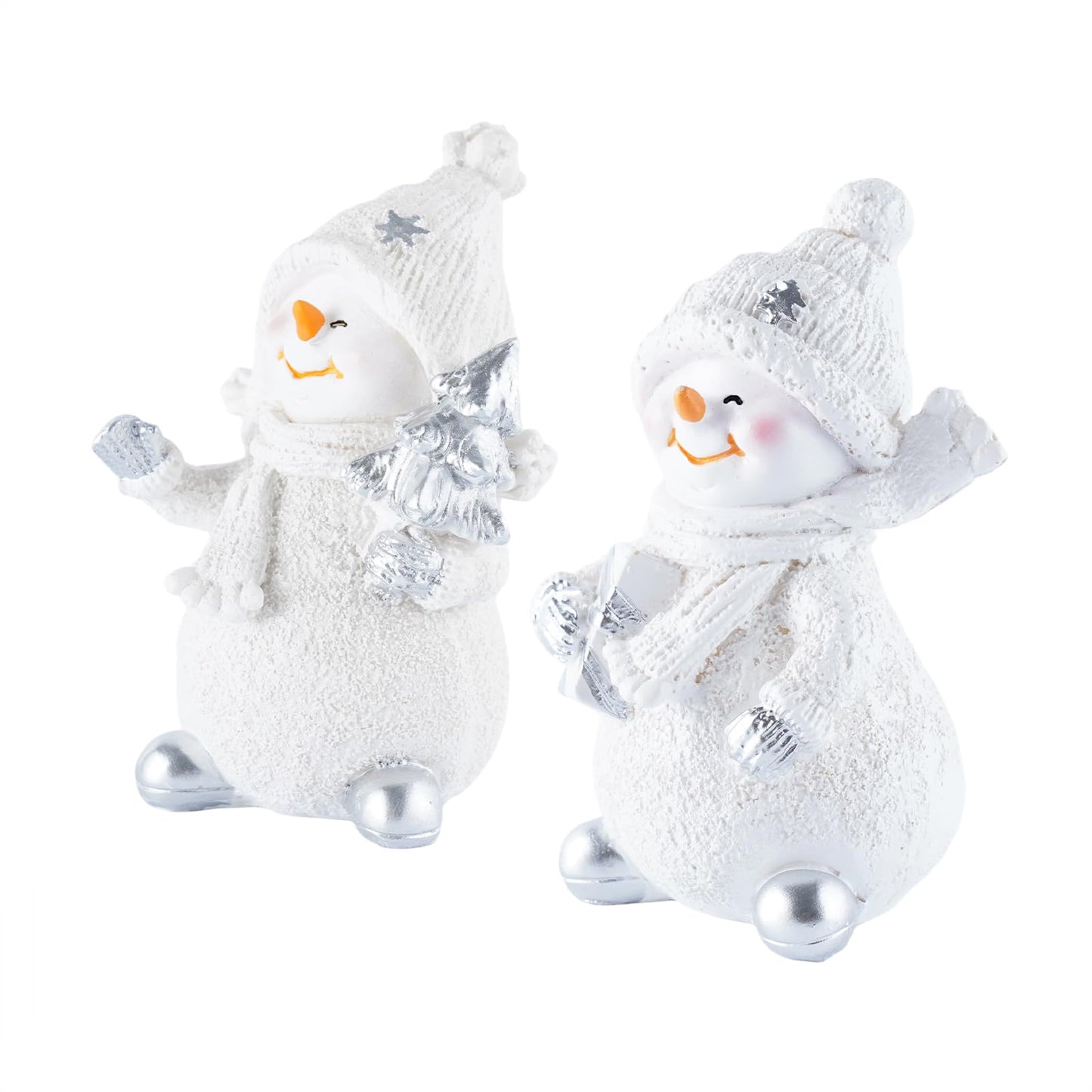 Brizoria Snowman Figurines Set of 2 White Resin Christmas Decorations with Silver Accents Winter Mantel Decor and Holiday Centerpieces for Table Home Indoor Tiered Tray Room Display