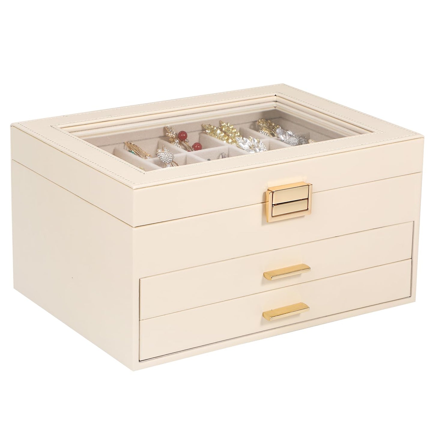 Voova Jewelry Box Organizer for Women Girls, 3 Layer PU Leather Jewelry Storage Case with Glass Lid & 2 Drawers, Large Jewellery Display Holder for Necklaces Rings Earrings Bracelets, Apricot