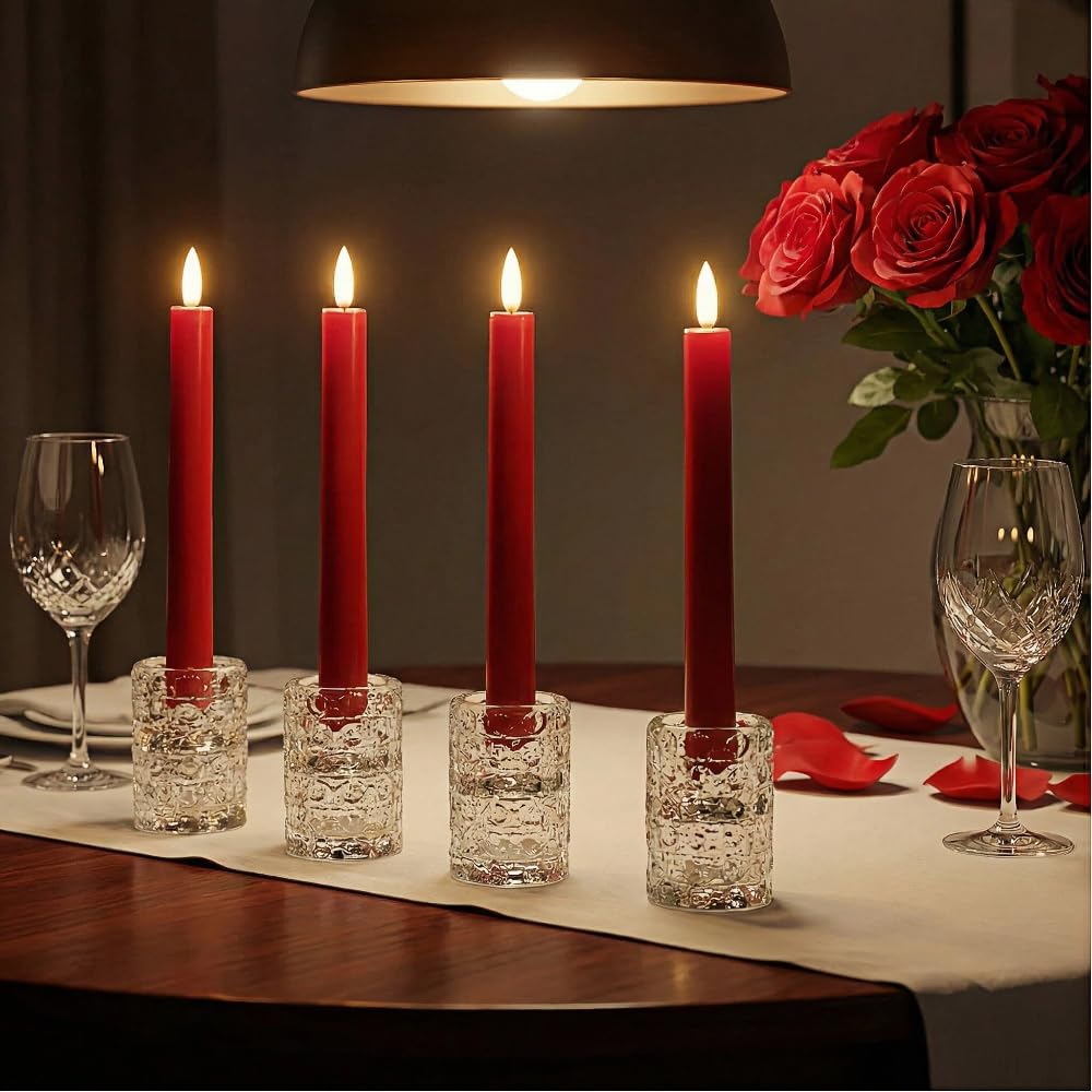 Simplelight Red Flameless Taper Candles with Timer, 9 Inch, Pack of 4