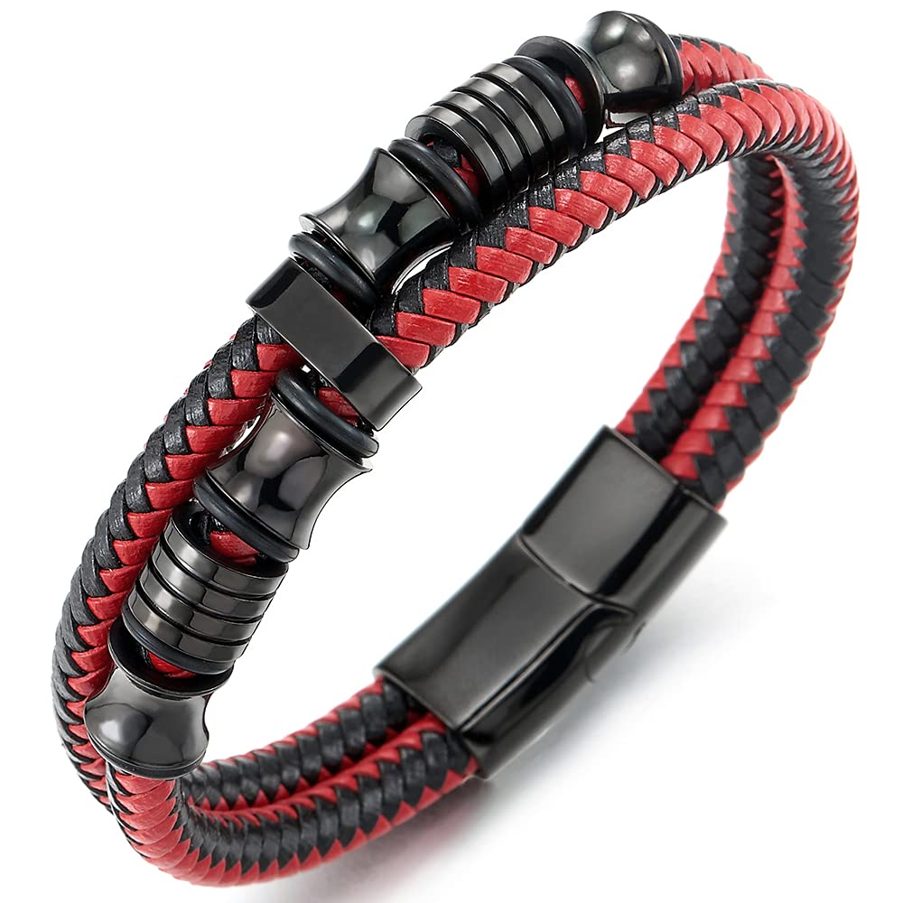 COOLSTEELANDBEYOND Mens Double-Row Black Red Braided Leather Bracelet Bangle Wristband with Black Stainless Steel Ornaments