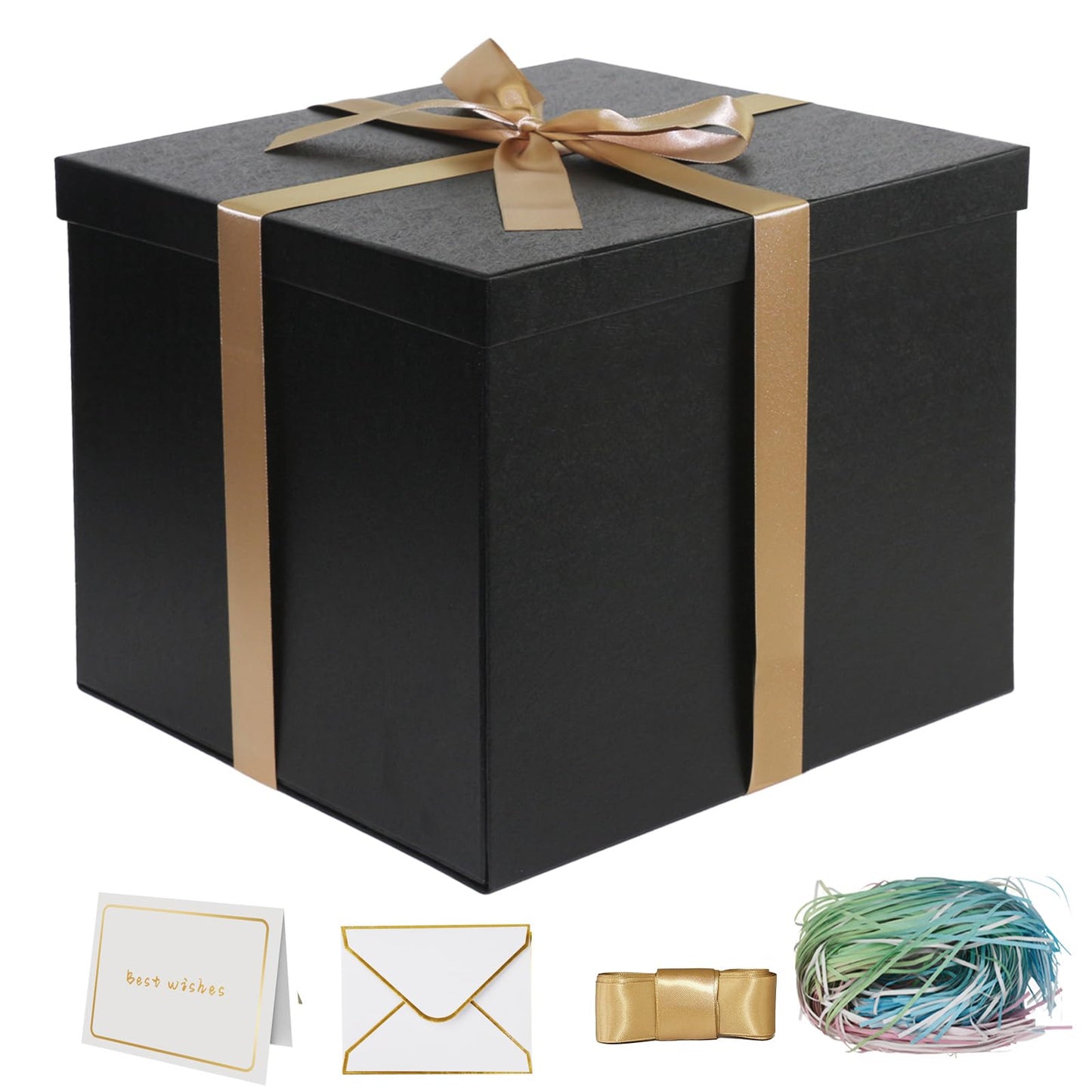 YINUOYOUJIA Large Gift Box 12x12x10 Inches,Black Boxes for presents with Ribbon,Card,Shredded Paper for Birthday,Valentine's Day,Mother's Day,Christmas,Anniversaries.