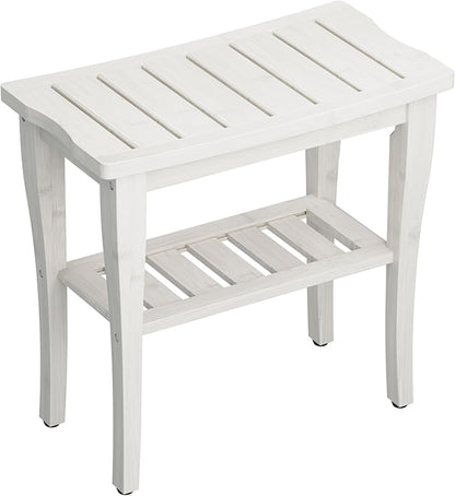 Bamboo Shower Bench Stool with Storage Shelf, Waterproof Shower Chair Spa Bath Seat, Shower Stool for Inside, Bathroom Bench Seat for Adults Elderly Seniors for Indoor or Outdoor Use(White)