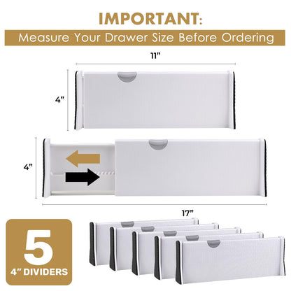 RAPTUROUS Adjustable Deep Drawer Divider – 5" Tall, Expandable 13-22", 10-Pack, Non-Slip Drawer Dividers for Clothes, Dresser, Kitchen & Office Organization (White)