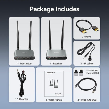 SVBONY TransAir2 Wireless HDMI Transmitter and Receiver 4K 30Hz, 5.8GHz, 1TX to 4 RXS, 1000 FT, HDMI Loop-Out, IR Extend, 0.06s Latency, 9 Channels, from PC, Laptop, STB to TV, Projector, Monitor
