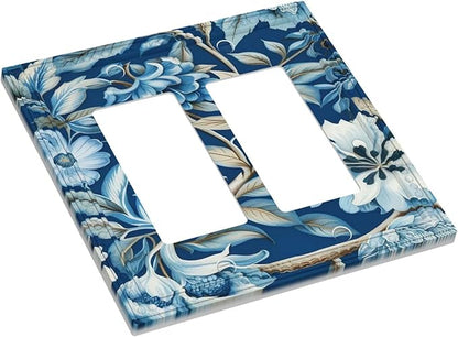 Blue Flowers Branches Leaves Floral Pattern Dual Outlet Covers Wall Plate 2 Gang Rocker Decorative Switchplate Electrical Faceplate GFCI Light Switch Covers for Farmhouse Living Decor