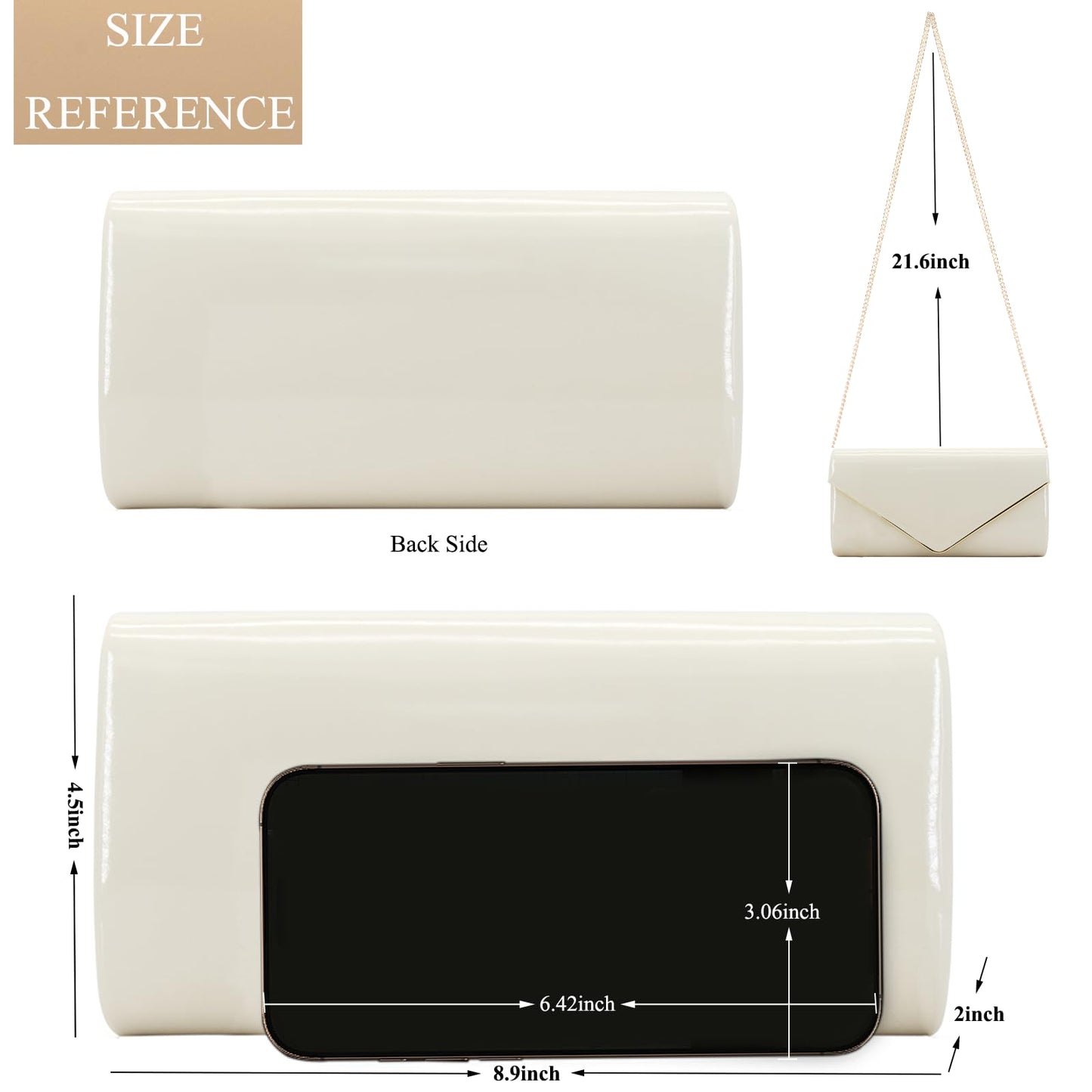 Dexmay Envelope Clutch Purse for Women Shiny Patent Leather Foldover Evening Bag Formal Handbag Ivory