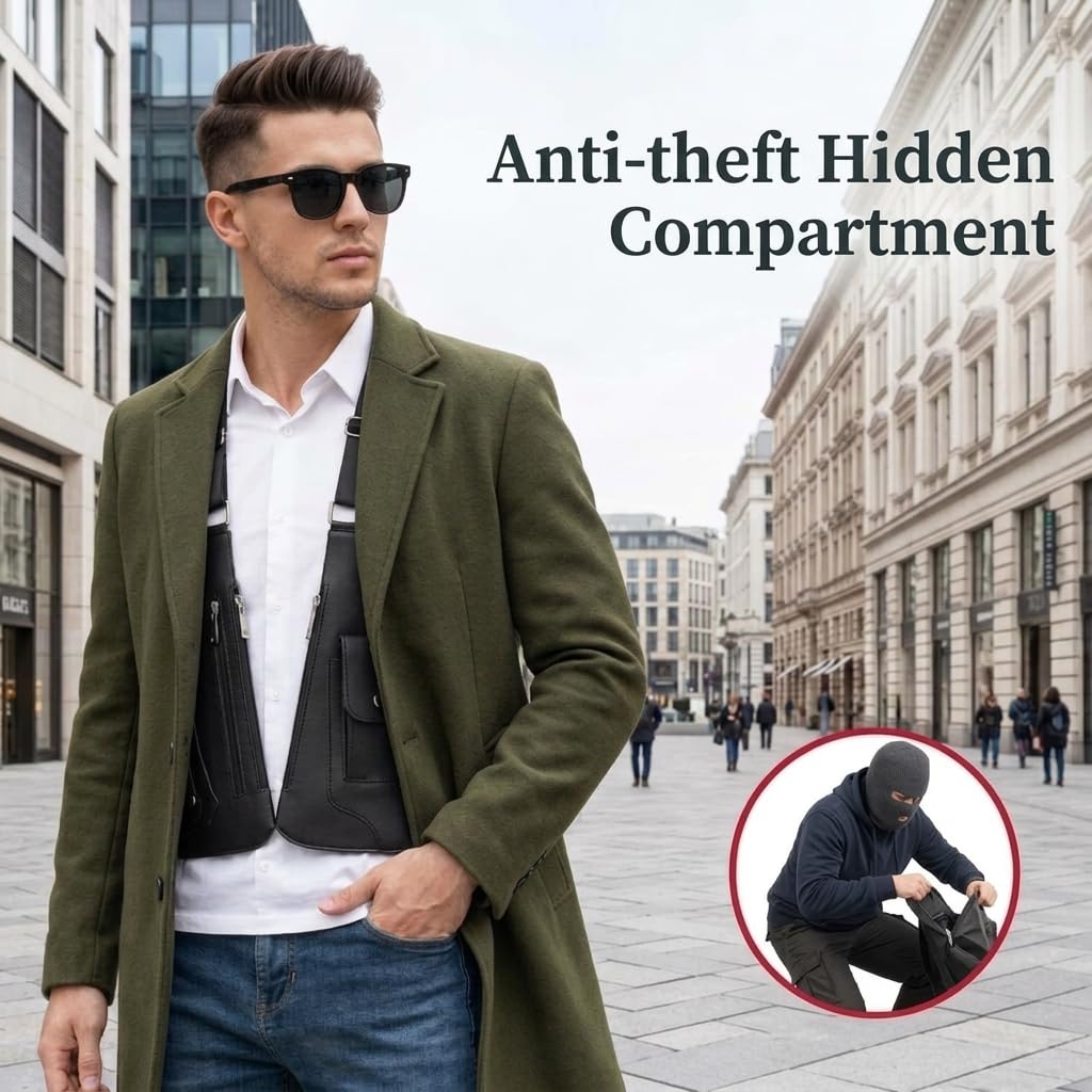 Double Shoulder Armpit Bag for Men, Underarm Shoulder Bag, PU Leather, Anti-theft Hidden Compartment, Adjustable Straps, Waterproof Multi-Pocket for Daily Travel, Hiking and Business
