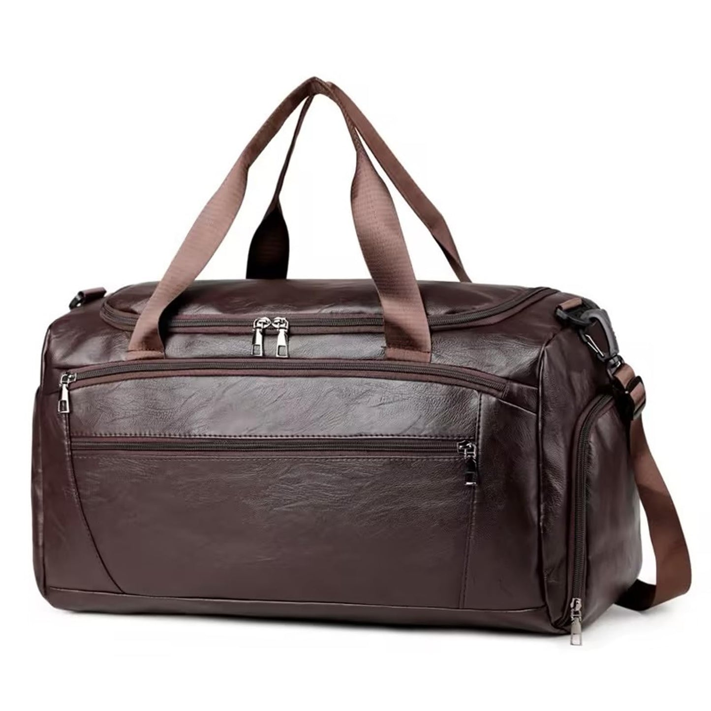Faux Leather Travel Bag with Shoe Pouch, Brown, 30L Capacity, Unisex Weekender Overnight Duffel, Waterproof, Carry On Gym Tote Bag with Toiletry Packing Cube