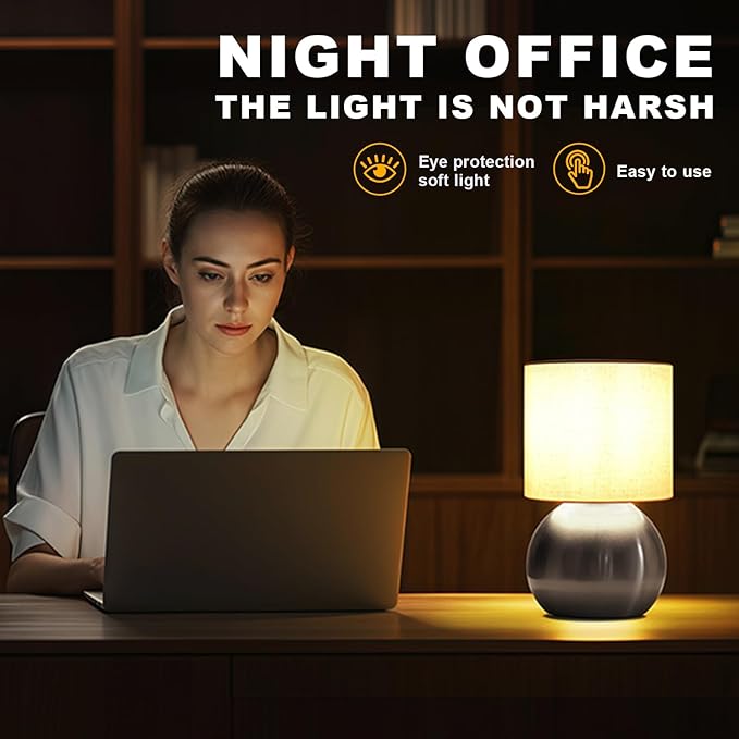 Modern Small Table Lamp Set of 2, Minimalist Nightstand Bedside Lamps with One-Button Inline Switch, 10.4 Inch Desk Light for Bedroom, Living Room,Including Light Bulb（Silvery）