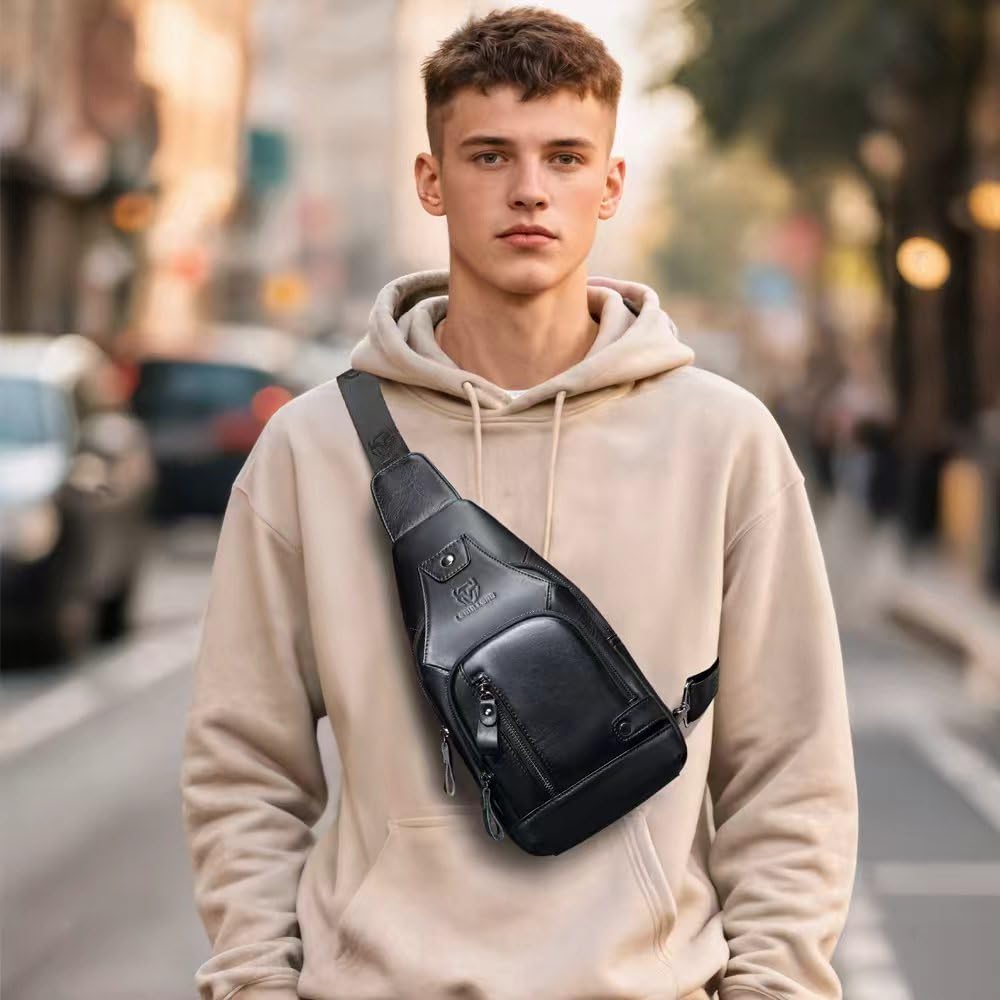 LEBULLBRO Sling Bag for Men Genuine Leather Chest Bag Crossbody Backpack Travel Hiking Outdoor Sports