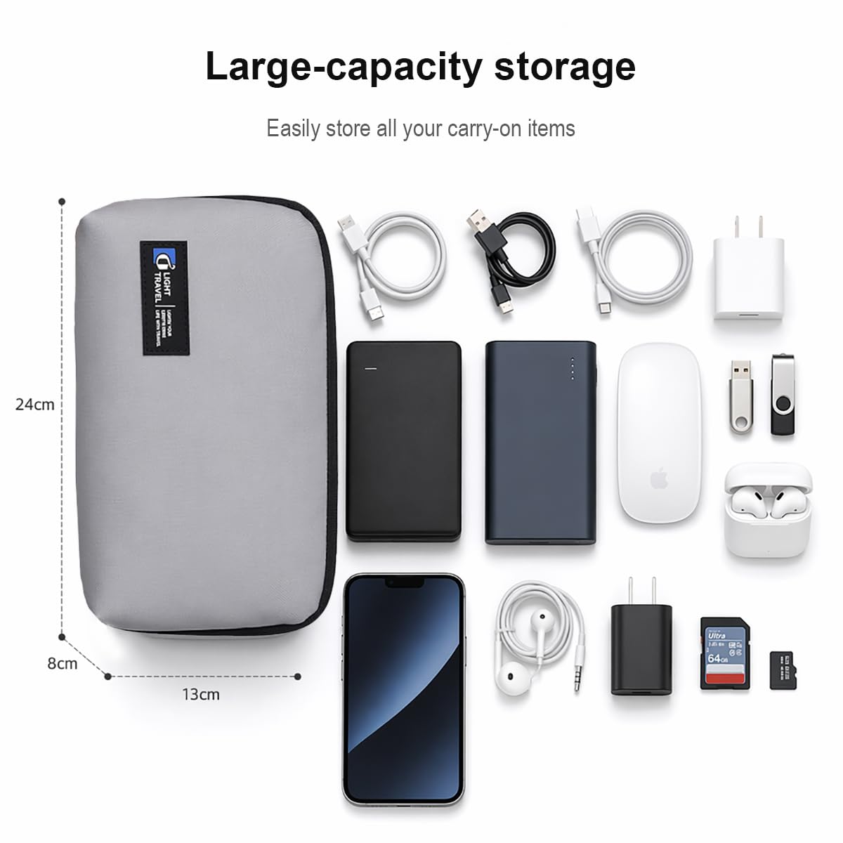 FADASTON Electronics Organizer Bag, Travel Digital Storage Pouch for Cable, Cord, Earphone, USB Flash Drive, Power Bank, Hard Drive, Portable Tech Travel Case with Multi-Compartment (Grey)