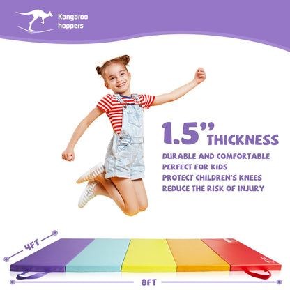 Kangaroo Hoppers Gymnastics Tumbling Mats for Kids, Foldable Gym Tumble Mat with Carrying Handles for Home Activity Play, 4 FT x 8 FT, 5-Panel, 1.5'' Thickness