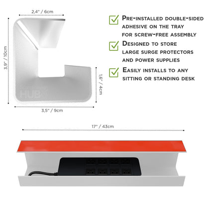 No-Screw Under Desk Cable Management Tray - Self-Adhesive Installation, Cord Management, Cable Tray, Under Desk Wire Organizer - White Set of 2