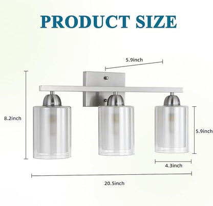 Stainless Steel Bathroom Vanity Light Over Mirror, 3 Light Brushed Nickel Bathroom Light Fixtures with Milk Glass and Clear Glass Shades, Modern Vanity Lighting Wall Mount