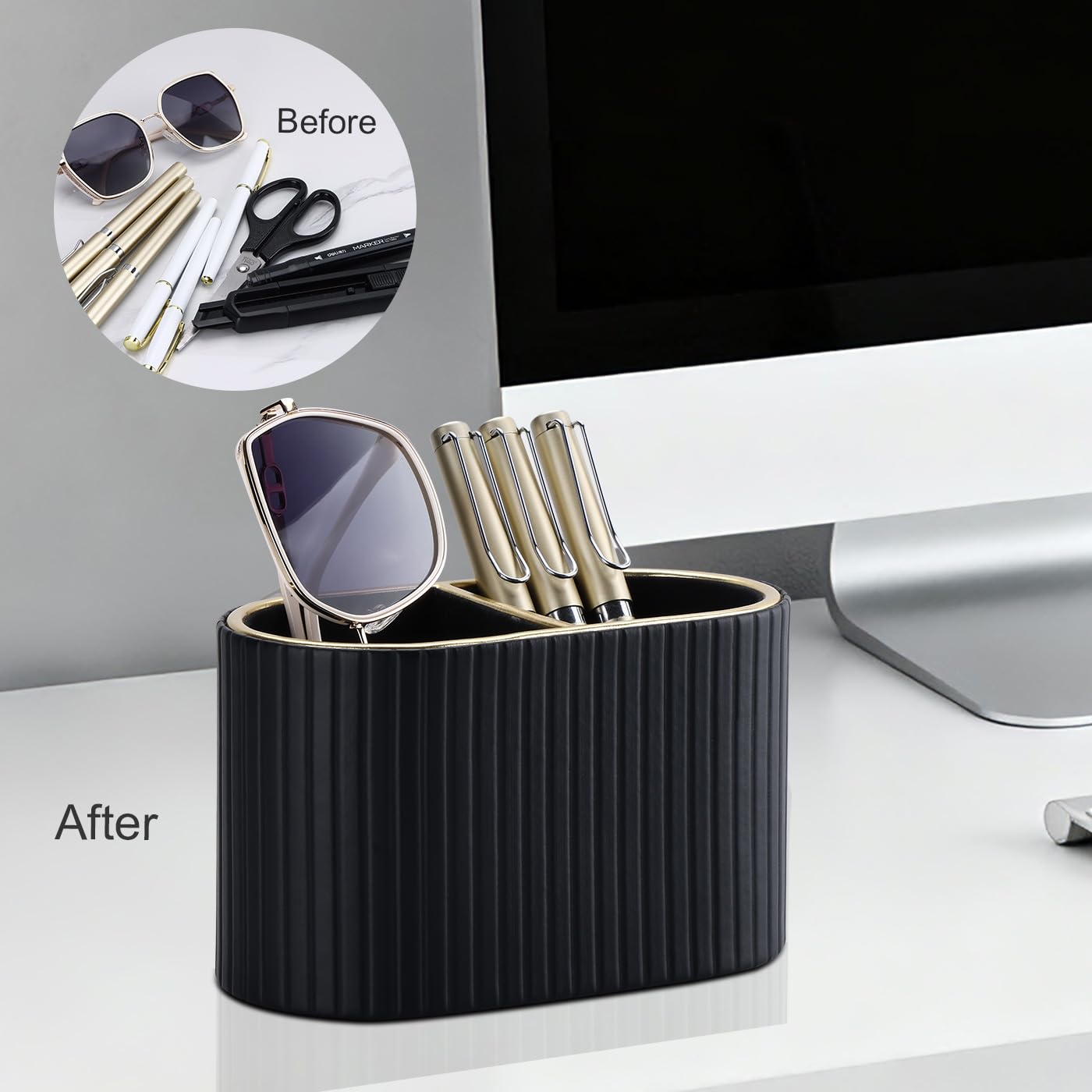 KINGFOM PU Leather Desk Organizer Pen Holder – Dual-Compartment Stylish Pencil Cup Remote Control Holder Desktop Supplies and Accessories Organizer Caddy for Office Home School (Black)