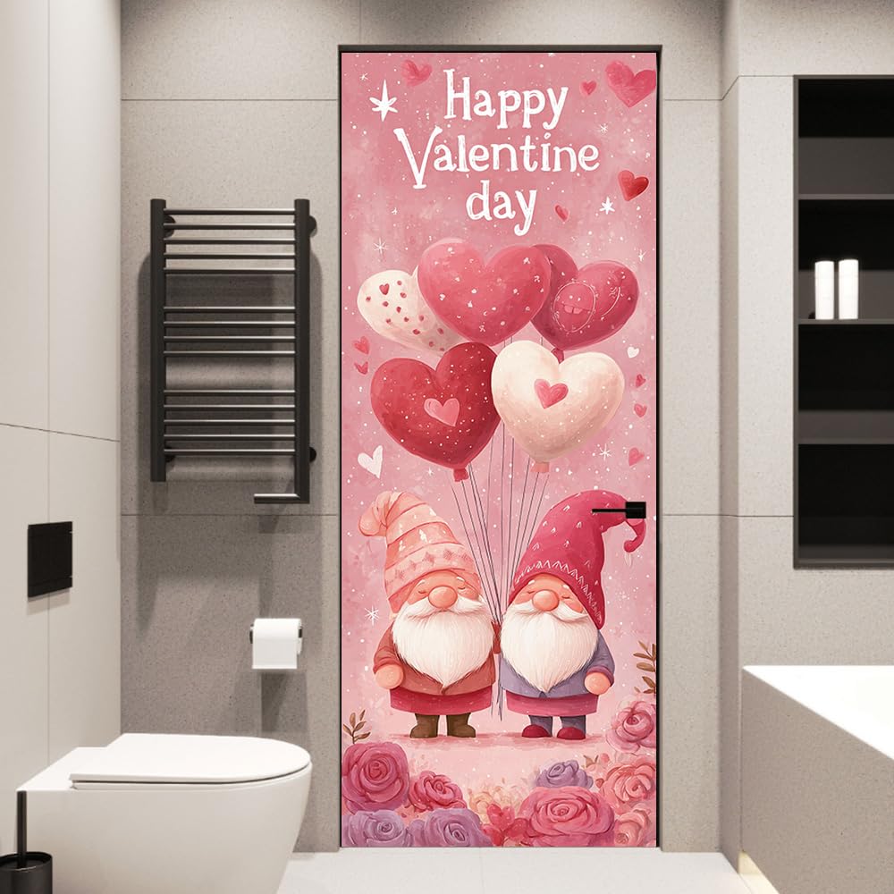 WDESYADMS PVC Self Adhesive Door Sticker 30.3x78.7 Inch Valentine Gnomes with Heart Balloons Design Peel and Stick Decorative Door Decal for Bedroom Living Room Entryway Holiday Home Decor