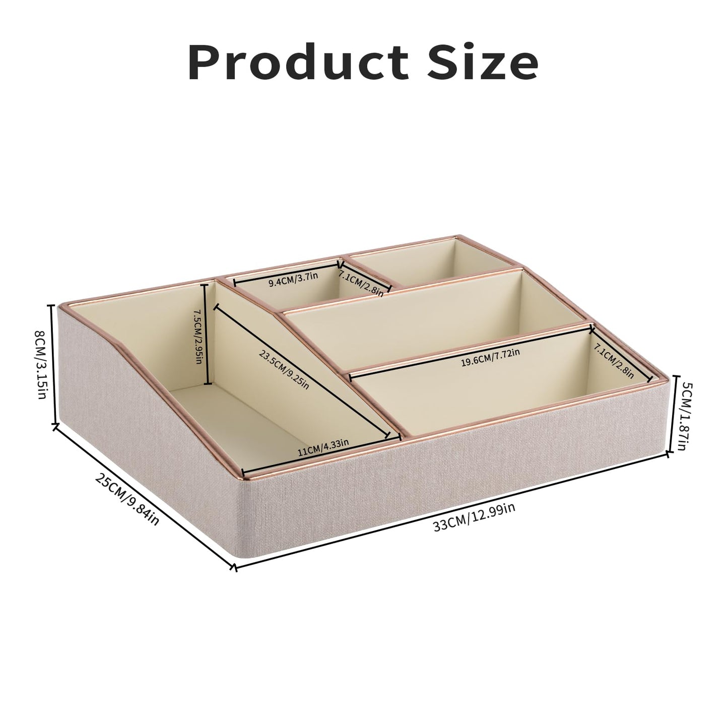 PU Leather Makeup Organizer Tray,Large Vanity Organizer,Cosmetic Storage Box for Lipstick Brushes Skincare Perfume,Cosmetic Display Case Rose Gold-trimmed for Dresser,Bathroom Countertop(Beige)