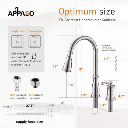 APPASO 3 Hole Kitchen Faucet with Pull Down Sprayer, Kitchen Faucets with Soap Dispenser, 3 Pieces Kitchen Sink Faucet with Separate Handle, Matte Black Kitchen Faucet 3 Hole, 218MB