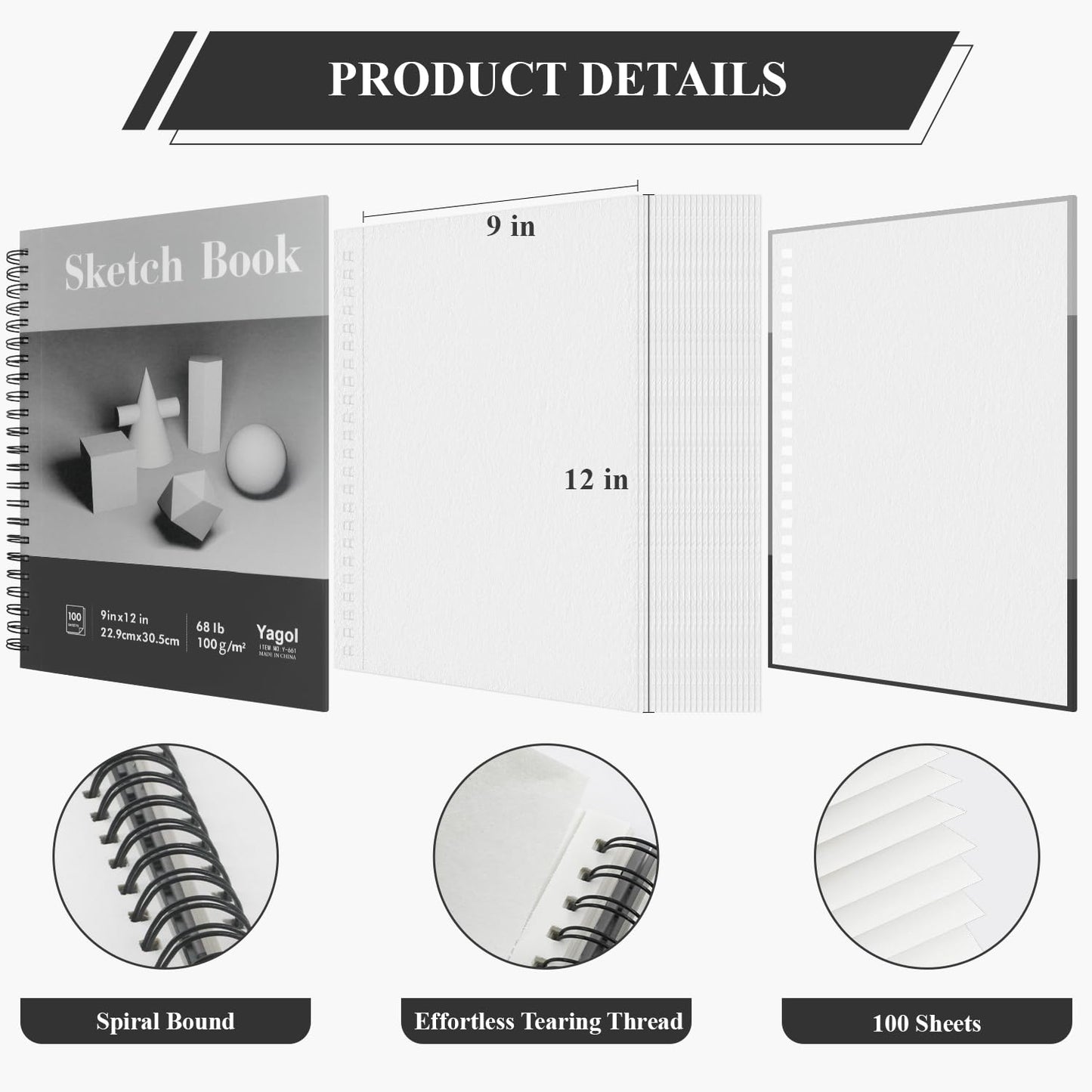 Yagol Sketch Book 9x12, 100 Sheets Spiral Bound Sketchbook, 68lb/100gsm Acid-Free Drawing Paper Pad for Sketching, Pencil, Charcoal & Dry Media, Art Sketch Pad for Students, Beginners & Artists.