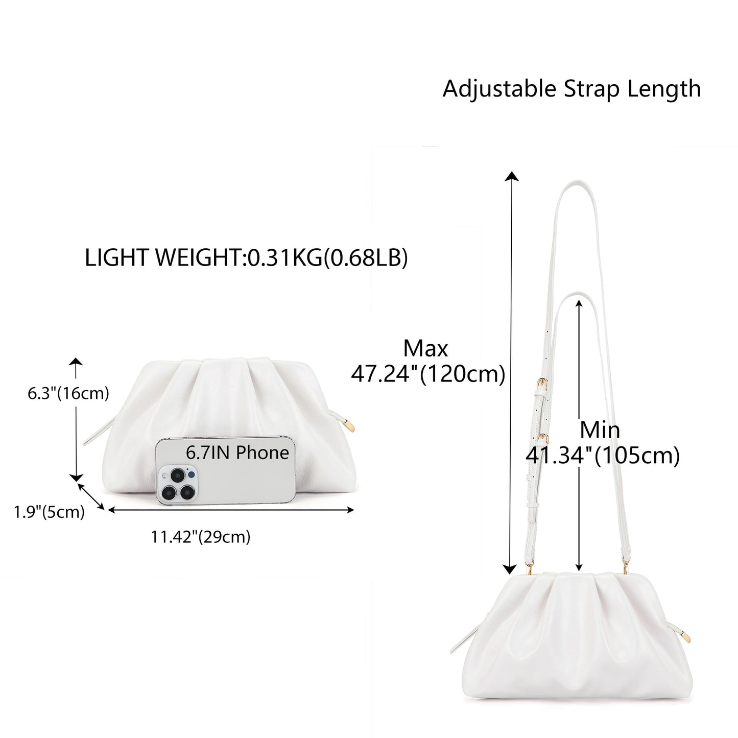Milisente Clutch Purses for Women Shiny PU Leather Pleated Evening Clutch Bag With Shoulder Strap for Formal Wedding Prom (White)