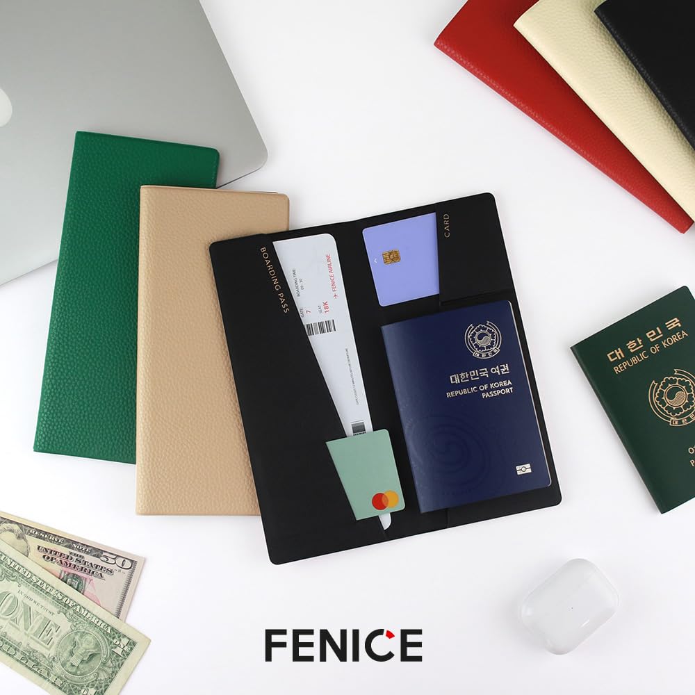 Fenice Long Classic Cover Holder Wallet Case for Travel Essential RFID Blocking Vegan Leather Waterproof (BLACK)