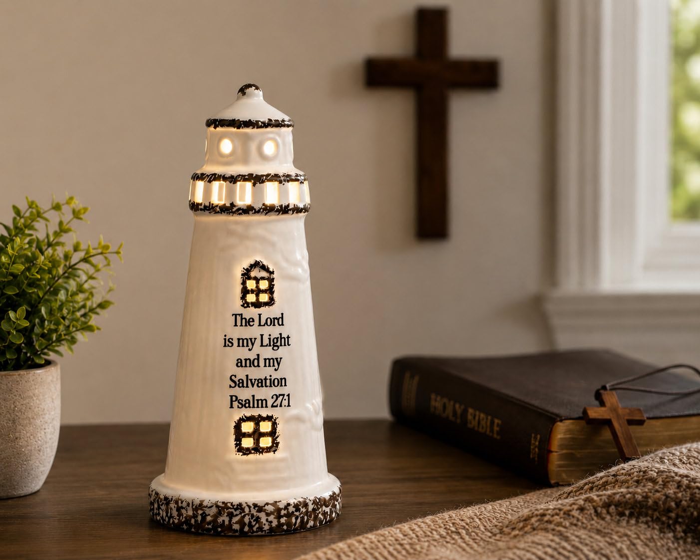 DAILYBREAD Christian Lighthouse Lamp for Men – Psalm 27:1 Scripture LED Lighthouse, Man of God Gift, Christian Gift for Husband, Father, Pastor, Faith-Based Desk Decor 8”H