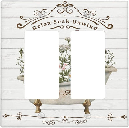 Rustic Farmhouse Wooden Board Botanical Flower Double Rocker Light Switch Cover 2 Gang Wall Plate Covers Decorative Electrical GFCI Outlet Plates for Home Bathroom Kitchen Decor