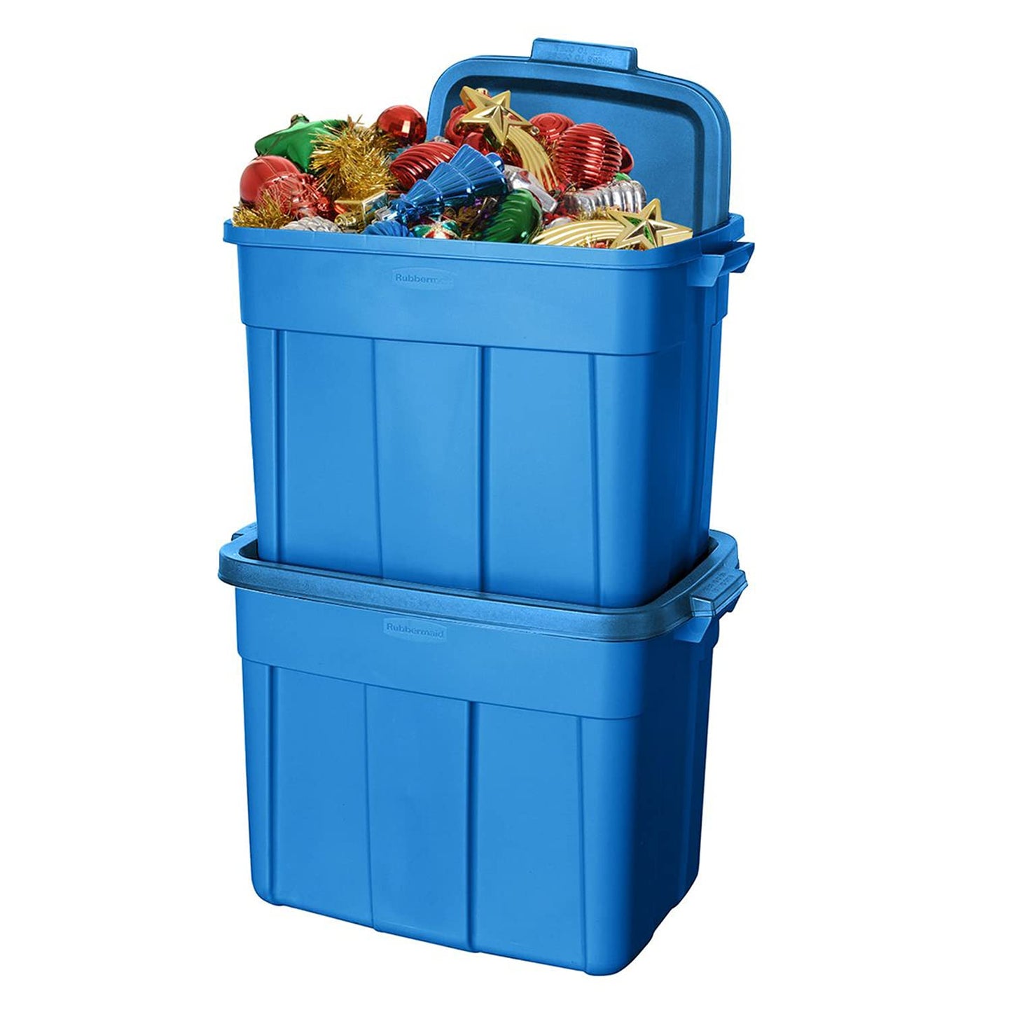 Rubbermaid Roughneck Tote 18 Gal, 6 Pack, Made in USA, Heritage Blue, Rugged Plastic Stackable Storage Bins with Lids and Handles
