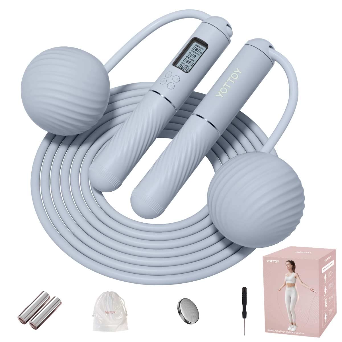 YOTTOY Cordless Jump Rope with Counter - Ropeless Jump Rope 2 In 1 with Large Cordless Ball-Weighted for Women with LCD Display (Blue)
