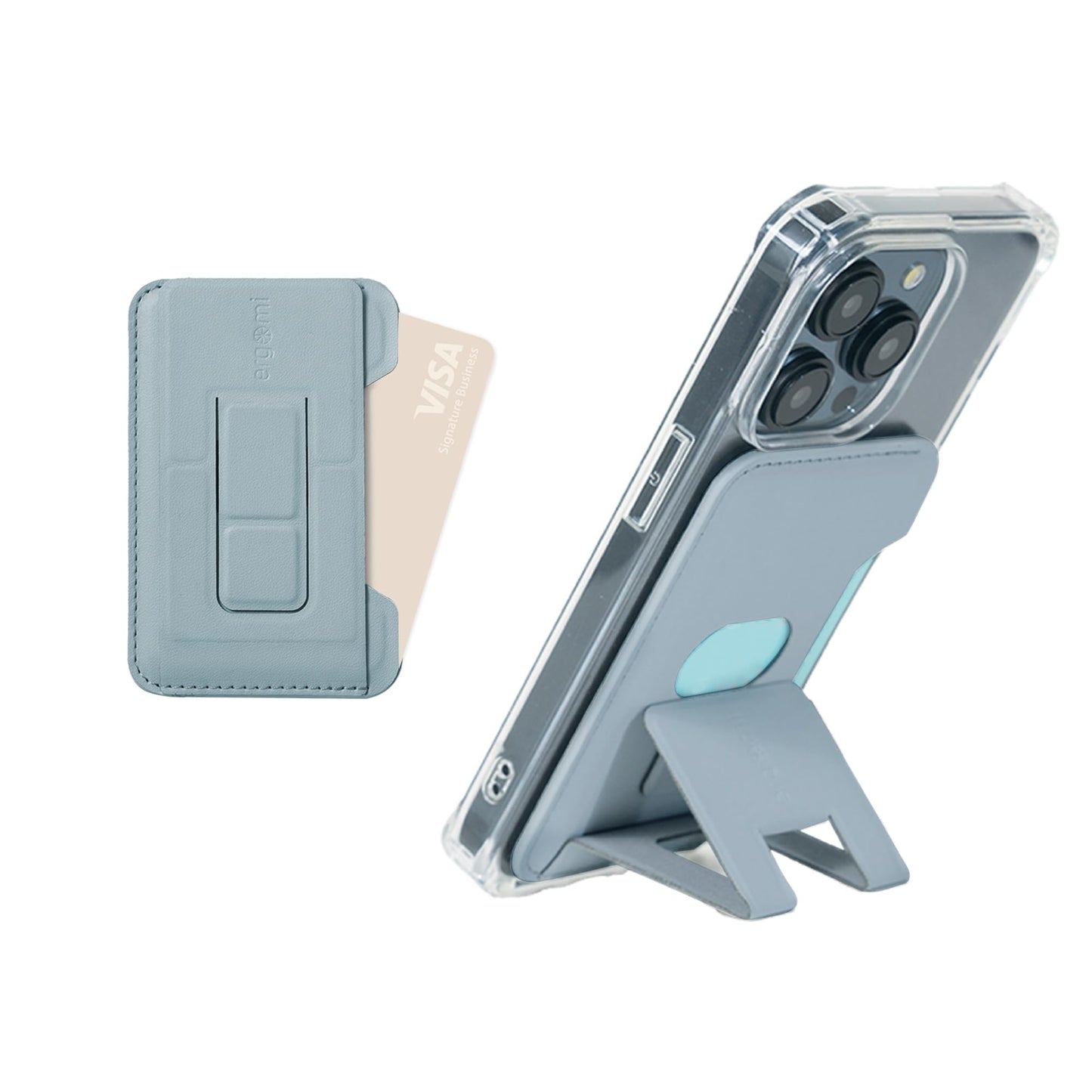 ergomi MagSafe Wallet Stand for iPhone 16/15/14/13/12, Magnetic Card Holder with Adjustable Multi-Angle Kickstand, Side-Opening Card Slot, Dual Magnetic Rings, – Blue