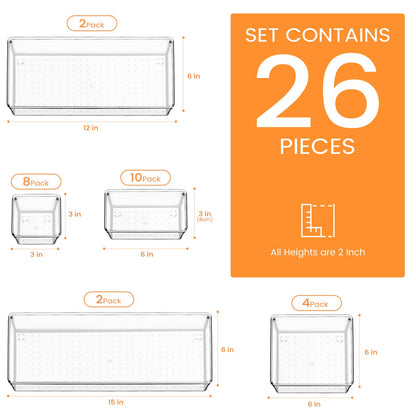 Criusia Drawer Organizer, 10 Pack Large Clear Plast Set, 3 Size Versatile Bathroom and Vanity Organizer Trays, Storage Bins for Makeup, Bedroom, Kitchen Utensils