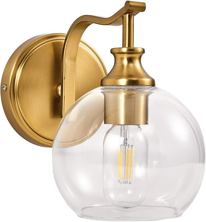 ANDY STAR Brushed Gold Bathroom Light Fixtures, Brass Vanity Lights for Mirror, 1-Light Bathroom Wall Sconces Lighting with Globe Clear Shade Up or Down Wall Mounted for Kitchen, Living Room, Hallway