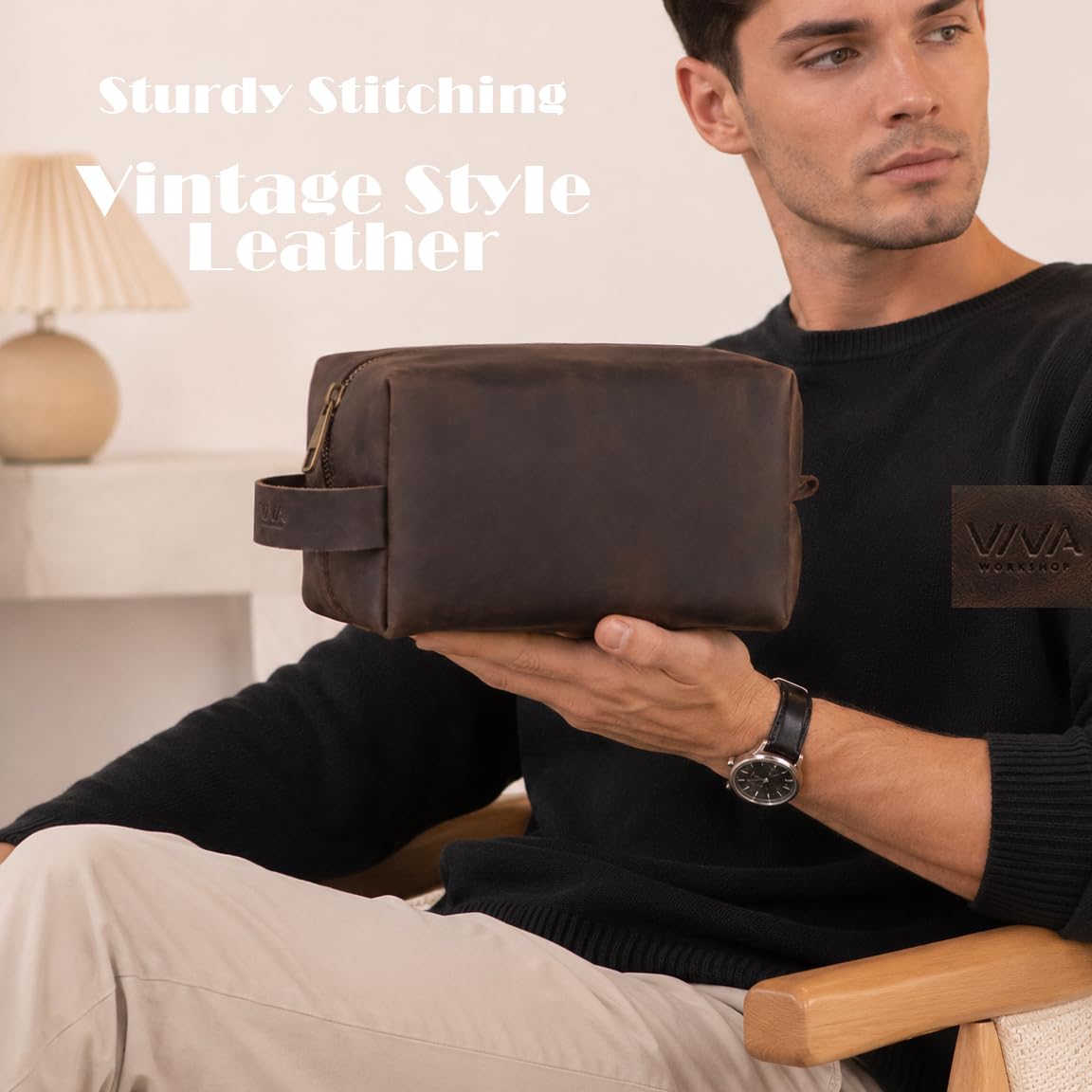 Mens Leather Toiletry Bag – Dopp Kit Handmade in USA – Full Grain Leather Organizer Bag with Waterproof Lining for Travel, Toiletries, Shaving Kit – Gifts for Men, Husband, Dad, Boyfriend