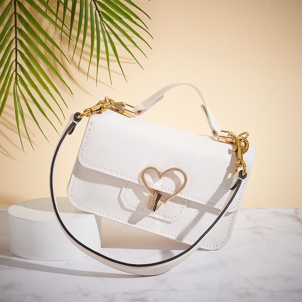 WADORN Genuine Leather Purse Handle, 20.4 Inch Leather Handbag Handle Replacement Short Shoulder Strap with Retro Gold Buckles Women Bag Making Accessory for Coach Shoulder Bag 26, White