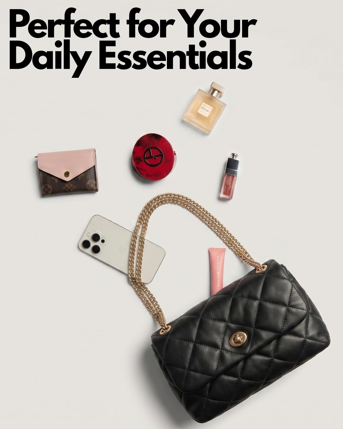 Apryl Quilted Crossbody Bags for Women - Shoulder Bag with Chain Purse Strap - Small Trendy Soft PU Vegan Leather Designer Purses - Black